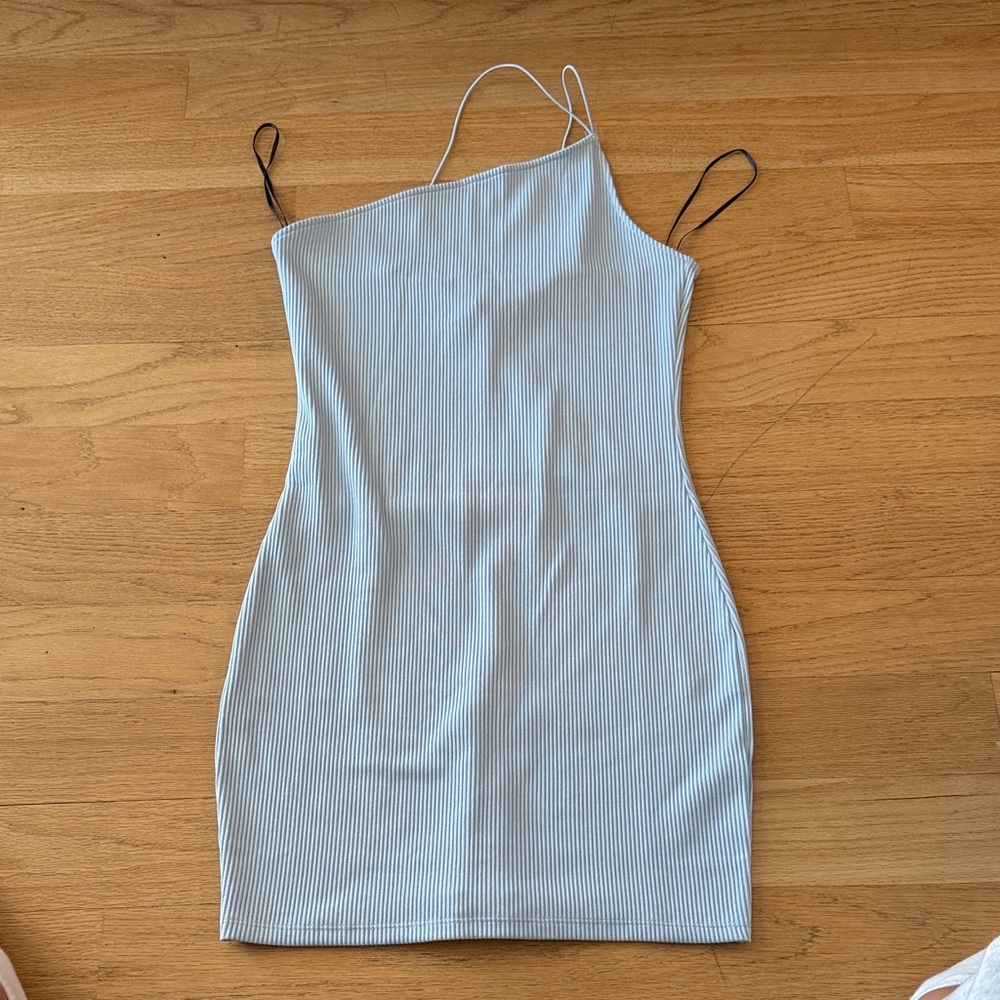H&M One Shoulder Blue Striped Dress